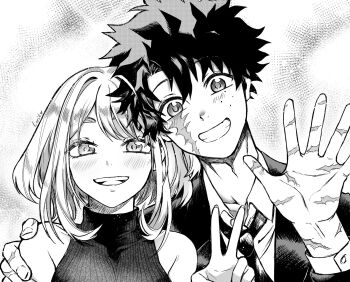arm_around_shoulder artist_name bare_shoulders blush boku_no_hero_academia breasts collared_shirt couple facial_scar freckles greyscale grin hair_between_eyes hand_up hetero highres jacket light_blush loritoart medium_breasts medium_hair midoriya_izuku monochrome multiple_scars necktie parted_bangs scar scar_on_cheek scar_on_face scar_on_hand screentones shirt short_hair sleeveless sleeveless_turtleneck smile suit_jacket teeth turtleneck upper_body uraraka_ochako v waving white_shirt