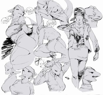 2girls cetacean_tail commentary_request fins fish_tail furry furry_female greyscale high_heels jacket looking_at_viewer monochrome multiple_girls multiple_views nagabe office_lady orca_girl original shibari simple_background skirt tail white_background