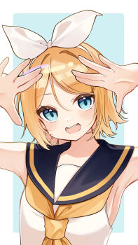 1girl :d armpits bare_shoulders black_sailor_collar blonde_hair blue_background blue_eyes border bow commentary flat_chest hair_bow hands_up highres kagamine_rin light_blush looking_at_viewer neckerchief open_mouth parted_bangs sailor_collar shirt short_hair smile solo teeth upper_body upper_teeth_only vocaloid white_border white_bow white_shirt yellow_neckerchief yuineko