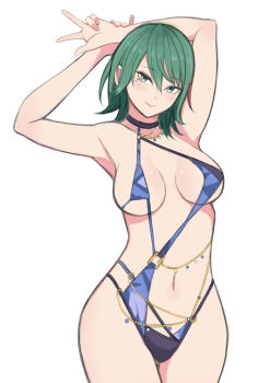 1girl ahoge armpits arms_up asymmetrical_hair bikini cowboy_shot dead_or_alive dead_or_alive_6 dead_or_alive_xtreme dead_or_alive_xtreme_venus_vacation female_focus green_eyes green_hair konishiki_(52siki) looking_at_viewer medium_hair mole mole_under_eye multicolored_hair one-piece_swimsuit sketch skindentation smile solo streaked_hair swimsuit tagme tamaki_(doa) white_background