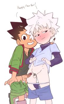 2023 2boys anonanim black_eyes black_hair blue_shirt blush boots chastity_cage clothes_pull commentary english_commentary english_text gon_freecss green_boots green_jacket green_shorts grey_hair grey_shirt grin happy_new_year highres holding holding_marker humiliation hunter_x_hunter jacket killua_zoldyck long_sleeves looking_at_viewer male_focus male_underwear male_underwear_pull marker multiple_boys new_year penis penis_size_difference shirt shorts shorts_pull shota simple_background small_chastity_cage small_penis small_penis_humiliation small_testicles smile testicles underwear white_background