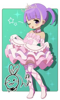1girl :p ;p absurdres bare_shoulders blunt_bangs blush_stickers boots border bow child closed_mouth clothes_lift collar commentary detached_collar dot_nose dress dress_bow dress_lift elbow_gloves fanged_bangs frilled_dress frilled_thigh_strap frills full_body gloves gradient_background green_background hands_up high_heel_boots high_heels highres layered_dress legs_apart lifting_own_clothes looking_at_viewer manaka_non manaka_non_(normal) multicolored_boots musical_note no_pupils one_eye_closed outside_border pink_boots pink_bow pink_collar pink_dress pink_gloves pretty_series pripara purple_eyes purple_hair shikoshiko_puripuri_mushi short_hair side_ponytail skirt_hold sleeveless sleeveless_dress smile solo sparkle standing star_(symbol) straight_hair strapless strapless_dress thigh_boots thigh_strap thighhighs tiara tongue tongue_out two-tone_boots two-tone_dress two-tone_gloves white_boots white_border white_dress white_gloves white_tiara zettai_ryouiki