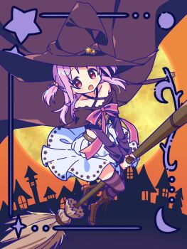 1girl bare_shoulders beads black_hat black_shirt blush boots border bow broom broom_riding brown_boots full_moon hair_beads hair_ornament hat highres inset_border long_hair looking_at_viewer magia_record:_mahou_shoujo_madoka_magica_gaiden magical_girl mahou_shoujo_madoka_magica misono_karin moon open_mouth ornate_border red_eyes ruru_(rurumagi) shirt skirt solo star_(symbol) striped_clothes striped_thighhighs thighhighs two_side_up white_skirt witch_hat