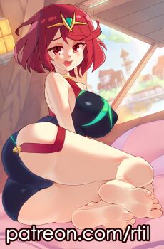 1girl absurdres artist_name ass barefoot black_one-piece_swimsuit bob_cut breasts commentary english_commentary full_body gem green_gemstone highres large_breasts looking_at_viewer lying official_alternate_costume on_side one-piece_swimsuit open_mouth paid_reward_available patreon_username pyra_(pro_swimmer)_(xenoblade) pyra_(xenoblade) red_eyes red_hair rtil short_hair solo swimsuit tiara watermark web_address xenoblade_chronicles_(series) xenoblade_chronicles_2