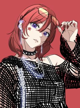 Rule 34 | 1girl, adjusting eyewear, barbell piercing, black choker, black shirt, breasts, chain, chain necklace, choker, commentary request, ear piercing, earrings, eyewear on head, fishnet top, fishnets, hand up, highres, jewelry, looking at viewer, love live!, love live! school idol project, necklace, nishikino maki, parted lips, piercing, purple eyes, red background, red hair, red nails, s sho mkrn, shirt, simple background, small breasts, solo, spiked choker, spikes, star (symbol), star sticker, sticker, sticker on face, sunglasses, upper body