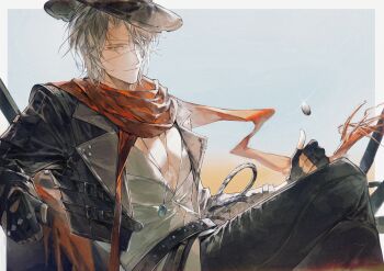 1boy absurdres belt black_gloves black_hat black_jacket black_pants blurry blurry_background border chinese_commentary clothing_cutout coin coin_flip commentary cowboy cropped_jacket crossed_legs desert diffraction_spikes eyepatch fingerless_gloves floating_scarf glove_cutout gloves grey_border grey_hair hair_over_one_eye hat highres jacket lasso leather leather_jacket looking_at_viewer male_focus muscular muscular_male open_clothes open_jacket outside_border pants pectorals punishing:_gray_raven red_scarf scarf shirt sitting smile solo studded_belt studded_gloves torn_clothes torn_hat watanabe_(pgr) western white_shirt yellow_eyes zhouliang48183