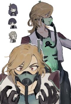 1girl 3boys albedo_(genshin_impact) alternate_costume alternate_universe black_gloves blonde_hair blue_eyes blue_hair blunt_bangs chibi closed_eyes collarbone crop_top bad_tag genshin_impact gloves green_eyes hair_between_eyes hair_ornament hoyofair humanoid_robot jacket kaveh_(genshin_impact) long_hair long_sleeves looking_at_viewer looking_to_the_side mask mouth_mask multiple_boys parted_lips purple_hair raiden_shogun red_eyes robot scaramouche_(genshin_impact) see-through_body solo_focus standing tori_nos upper_body wanderer_(genshin_impact) wide-eyed