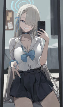 1girl absurdres asuna_(blue_archive) asuna_(school_uniform)_(blue_archive) asymmetrical_bangs blue_archive blue_bow blue_bowtie blue_halo blue_nails blue_ribbon blue_scrunchie bow bowtie breasts choker hair_over_one_eye halo harui_(huruyi_817) highres holding holding_phone loose_bowtie mirror_selfie mole mole_on_breast phone ribbon school_uniform scrunchie selfie sleeves_rolled_up smile v wrist_scrunchie