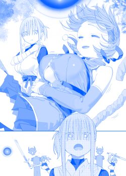 2girls ai-chan_(tawawa) bandaged_arm bandages blue_theme braid breasts closed_eyes clothing_cutout commentary demon demon_horns detached_sleeves earrings fighting floating getsuyoubi_no_tawawa hair_ribbon hands_on_own_stomach highres himura_kiseki holding holding_sword holding_weapon horns japanese_clothes jewelry kimono large_breasts long_bangs long_hair maegami-chan_(tawawa) mage_staff magic monochrome motion_blur motion_lines multiple_girls multiple_views open_mouth pleated_skirt ponytail ribbon sash shirt short_hair short_kimono shoulder_grab sidelocks skirt sleeveless sleeveless_kimono smile staff sword thighs underboob_cutout weapon