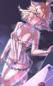 1girl absurdres babydoll bite_mark bite_mark_on_breast bite_mark_on_neck blush breasts cleavage collar collarbone condom condom_packet_strip condom_wrapper dokibird female_pubic_hair frilled_babydoll highres indie_virtual_youtuber lipstick_mark looking_at_viewer makeup navel panties pink_babydoll pubic_hair pussy_juice runny_makeup see-through_babydoll see-through_clothes solo sweat twitching underwear virtual_youtuber waieeeee