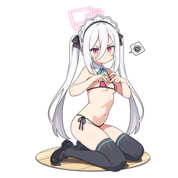 1girl bikini black_shoes black_thighhighs blue_archive blush breasts closed_mouth grey_hair hair_between_eyes halo hatsunatsu heart heart_hands kei_(blue_archive) kei_(student)_(blue_archive) loli long_hair looking_at_viewer maid_headdress navel on_floor pink_bikini purple_eyes shoes side-tie_bikini_bottom simple_background small_breasts small_sweatdrop solo spoken_squiggle squiggle sweat swimsuit thighhighs twintails v-shaped_eyebrows very_long_hair white_background wooden_floor