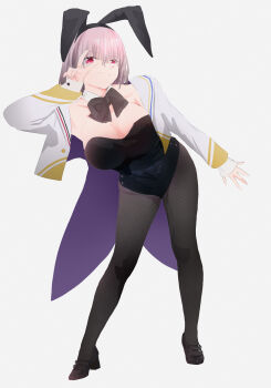 1girl a_(c3einycggcevevf) absurdres animal_ear_hairband animal_ears black_leotard black_pantyhose black_ribbon breasts commentary_request detached_collar fake_animal_ears full_body gridman_universe hairband high_heels highres jacket large_breasts leotard looking_at_viewer open_clothes open_jacket pantyhose playboy_bunny purple_hair rabbit_ear_hairband rabbit_ears red_eyes ribbon shinjou_akane short_hair simple_background smile ssss.gridman strapless strapless_leotard v white_background