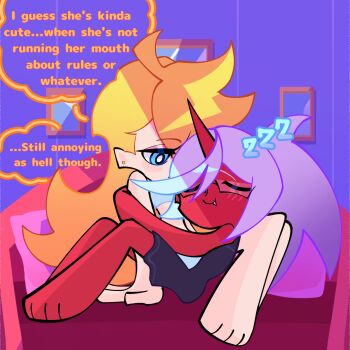 2girls angel blonde_hair blue_hair deadbeatdain demon_girl glasses highres kneesocks_(psg) multiple_girls nightgown panty_&amp;_stocking_with_garterbelt panty_(psg) sleeping tsundere yuri