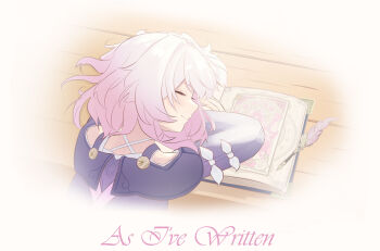 1girl book coat commentary cyrene_(aedes_elysiae)_(honkai:_star_rail) cyrene_(honkai:_star_rail) english_commentary english_text highres honkai:_star_rail honkai_(series) horik_22 open_book pink_hair purple_coat quill short_hair sleeping solo