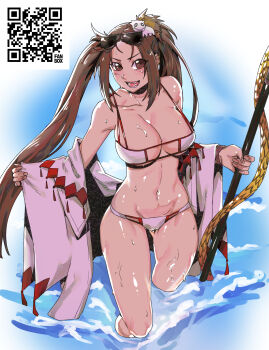 1girl absurdres bare_shoulders bikini blush breasts brown_eyes brown_hair cleavage commentary earrings eyewear_on_head fate/grand_order fate_(series) hair_ornament highres jewelry large_breasts long_hair looking_at_viewer minew navel off_shoulder open_mouth polearm qr_code robe smile solo spear sunglasses swimsuit thighs twintails very_long_hair water weapon wet white_bikini white_robe yu_mei-ren_(fate) yu_mei-ren_(swimsuit_lancer)_(fate)
