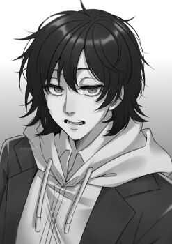 Rule 34 | 1boy, absurdres, chainsaw man, choppy bangs, commentary, english commentary, grey background, greyscale, hair between eyes, highres, hood, hood down, hoodie, jacket, kuraedo, longsword devil (chainsaw man), male focus, monochrome, nose, open mouth, short hair, solo, sugo miri, unkempt, upper body