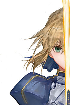 absurdres artoria_pendragon_(fate) blonde_hair blue_ribbon chinese_commentary commentary_request excalibur_(fate/stay_night) fate/stay_night fate_(series) green_eyes hair_ribbon highres looking_at_viewer oyuyuo ribbon saber_(fate) simple_background sword thumbnail_collage upper_body weapon white_background