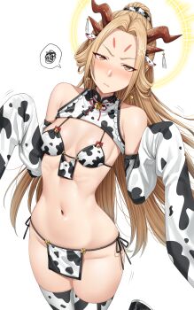 Rule 34 | 1girl, absurdres, alternate costume, animal ears, animal print, bell, blonde hair, blush, breasts, brown horns, closed mouth, cow ears, cow print, detached sleeves, fake animal ears, halo, highres, horns, indie virtual youtuber, jingle bell, lnw neuatong, long hair, looking at viewer, multiple horns, navel, neck bell, ponytail, simple background, sleeves past fingers, sleeves past wrists, small breasts, solo, thighhighs, thighs, virtual youtuber, white background, white thighhighs, yakimi 27, yellow eyes