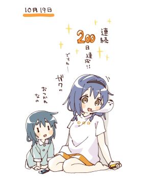 2girls :d barefoot black_hairband blue_dress blue_hair blush_stickers braid brown_eyes collared_dress commentary_request contrast_collar controller dress full_body furutani_himawari furutani_kaede game_controller giving_up_the_ghost hairband highres holding holding_controller holding_game_controller joy-con long_sleeves multiple_girls namori open_mouth orange_shorts shirt short_hair short_sleeves shorts simple_background sitting smile socks thick_eyebrows translation_request twin_braids white_background white_shirt white_socks yuruyuri |_|