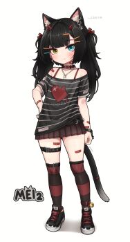 1girl absurdres animal_ear_fluff animal_ears bell black_hair blue_eyes cat_ears cat_girl cat_tail commentary comodox english_commentary full_body hand_on_own_hip heterochromia highres meimei_(comodox) original pleated_skirt shirt shoes skirt solo striped_clothes striped_thighhighs tail thighhighs twintails white_background yellow_eyes