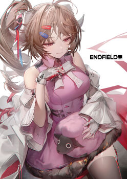 1girl ardelia_(arknights) arknights arknights:_endfield black_thighhighs brown_hair closed_mouth commentary copyright_name cowboy_shot curled_horns detached_sleeves dress drill_hair drill_ponytail fingerless_gloves gamgi gloves hair_ornament hairclip hand_on_own_chest highres horns little_black_sheep_(arknights) long_hair pink_dress red_eyes sheep sheep_girl sheep_hair_ornament sleeveless sleeveless_dress thighhighs two-sided_gloves