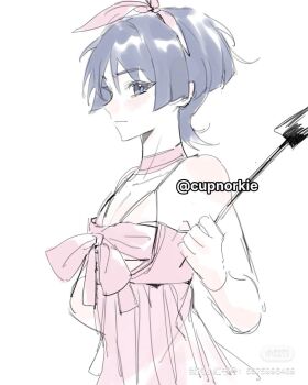 1boy alternate_costume arm_at_side bare_shoulders blunt_ends blush bra choker clenched_hand closed_mouth cnorkie collarbone crossdressing crossdressing_(mtf) dress eyelashes genshin_impact grey_eyes grey_hair grey_pupils hand_up highres holding looking_at_viewer male_focus pink_choker pink_dress pleated_dress scaramouche_(genshin_impact) see-through_bra see-through_clothes sketch solo twitter_username underwear upper_body watermark white_background