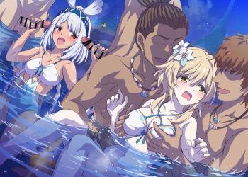 Rule 34 | 2girls, 4boys, bare shoulders, bikini, blonde hair, blue hair, blue one-piece swimsuit, blush, body markings, braid, breasts, censored, cleavage, double handjob, erection, feather hair ornament, feathers, flower, genshin impact, grabbing another's breast, groping, group sex, hair flower, hair ornament, hairband, handjob, hetero, large breasts, light blue hair, long hair, low twin braids, lumine (genshin impact), lumine (hot springs) (genshin impact), marugoshi (54burger), medium breasts, medium hair, mixed-sex bathing, mualani (genshin impact), mualani (hot springs) (genshin impact), multiple boys, multiple girls, one-piece swimsuit, onsen, open mouth, orgy, penis, ponytail, red eyes, shared bathing, short hair, sidelocks, smile, swimsuit, tan, thighs, twin braids, two-tone swimsuit, water, white bikini, white hair, white one-piece swimsuit, yellow eyes