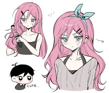 1boy 1girl alternate_costume antenna_hair arms_at_sides arrow_(symbol) aubrey_(faraway)_(omori) aubrey_(omori) bare_arms bare_shoulders black_camisole black_eyes black_hair blue_eyes blue_hairband blush bow_hairband breasts camisole closed_mouth collarbone commentary_request cropped_torso curling_iron double-parted_bangs ear_blush flat_color grey_sweater hair_behind_ear hair_between_eyes hair_ornament hairband hairclip hand_up highres holding_curling_iron korean_commentary long_hair long_sleeves looking_at_another looking_at_viewer multiple_views notice_lines off-shoulder_sweater off_shoulder omori pale_skin parallel_hairclips parted_lips pink_hair short_hair simple_background small_breasts sunny_(omori) sweatdrop sweater v-neck v-shaped_eyebrows very_short_hair white_background wktdms1