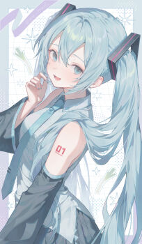 1girl aqua_eyes aqua_hair aqua_nails aqua_necktie aqua_trim bare_shoulders black_skirt black_sleeves blush breasts collared_shirt commentary_request detached_sleeves grey_shirt hair_between_eyes hair_ornament hatsune_miku headset highres long_hair looking_at_viewer me_meel medium_breasts nail_polish necktie number_tattoo open_mouth pleated_skirt shirt skirt sleeveless sleeveless_shirt smile solo tattoo twintails upper_body very_long_hair vocaloid