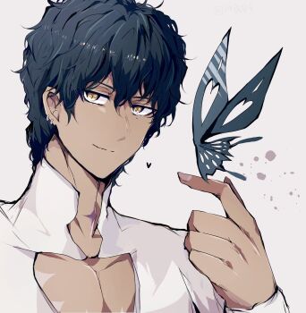 1boy bare_pectorals black_butterfly black_hair bug butterfly collared_shirt cross d.gray-man dark-skinned_male dark_skin dust ear_piercing earrings grey_background hair_between_eyes heart highres hoop_earrings insect jewelry light_particles looking_at_viewer male_focus mature_male messy_hair mole mole_under_eye neck_tattoo noah_(d.gray-man) pectoral_cleavage pectorals piercing scar scar_on_chest shirt short_hair sidelocks simple_background smile sodamachi solo tattoo teez_(d.gray-man) turtleneck turtleneck_shirt tyki_mikk white_shirt yellow_eyes