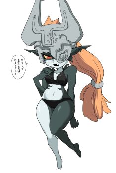 1girl bikini black_bikini black_skin colored_skin fake_horns fang helmet highres horned_helmet horns imp long_hair low-tied_long_hair midna multicolored_skin nasu_(ilo_a5) navel nintendo one_eye_closed open_mouth red_eyes red_hair simple_background solo speech_bubble swimsuit the_legend_of_zelda the_legend_of_zelda:_twilight_princess two-tone_skin white_background white_skin