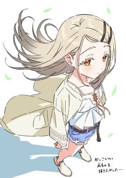Rule 34 | 1girl, belt, black belt, blonde hair, blue shorts, blush, camisole, closed mouth, collarbone, colored eyelashes, commentary request, denim, denim shorts, earrings, flipped hair, floating hair, foreshortening, from above, full body, gakuen idolmaster, gradient hair, grey hair, hair ornament, hairclip, highres, idolmaster, jewelry, kousuke0912, leaf, long hair, long sleeves, looking at viewer, midriff peek, multicolored hair, open clothes, open robe, orange eyes, orange ribbon, parallel hairclips, ribbon, robe, rope belt, shadow, shinosawa hiro, shoes, shorts, solo, stud earrings, swept bangs, translation request, white background, white camisole, white robe, white shoes, wind, wind lift