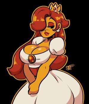 1girl absurdres alternate_skin_color black_background breasts brown_hair cleavage colored_skin crown dress hair_over_one_eye highres large_breasts long_hair mario_(series) meme nintendo official_alternate_costume official_alternate_hairstyle orange_outline orange_skin outline princess_peach princess_toadstool_redraw_(meme) sgtmadness short_sleeves simple_background solo super_mario_bros._1 white_dress
