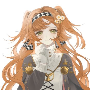 1girl braid braided_sidelock checkered_hairband closed_mouth collared_dress dress flower gloves green_eyes grey_cloak grey_sleeves hair_flower hair_ornament hairband hand_up high_collar highres kk_kekong long_hair looking_at_viewer orange_hair reverse:1999 smile solo sonetto_(reverse:1999) two_side_up upper_body watermark white_background white_dress white_flower white_gloves