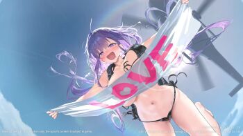 1girl aircraft animated azur_lane backpack bag bikini black_bikini blue_sky blush bouncing_breasts breasts character_name cleavage cloud cloudy_sky commentary copyright_name copyright_notice english_commentary full_body helicopter highres huge_breasts large_breasts mogador_(azur_lane) mogador_(diving_for_desire)_(azur_lane) navel official_art open_mouth outstretched_arms parachute promotional_art purple_eyes purple_hair side-tie_bikini_bottom sky skydive smile solo subtitled swimsuit tagme video
