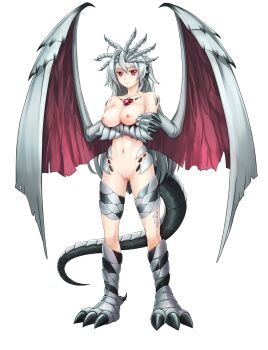 1girl animal_ears animal_hands breast_hold breasts chest_jewel claws collarbone crossed_arms dragon_(monster_girl_encyclopedia) dragon_claws dragon_ears dragon_feet dragon_girl dragon_horns dragon_tail dragon_wings female_focus full_body gem gluteal_fold hair_ornament highres horns large_breasts legs long_hair looking_at_viewer maritan_(pixelmaritan) medium_breasts monster_girl monster_girl_encyclopedia navel neck nipples nude original pussy red_eyes silver_hair silver_wings smile solo standing stomach tachi-e tail transparent_background uncensored very_long_hair wings