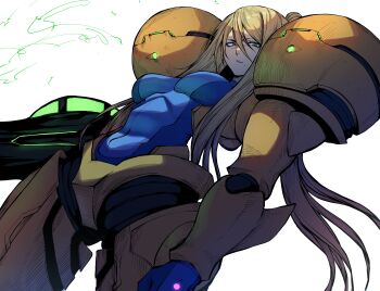 1girl absurdres arm_cannon blonde_hair blue_bodysuit bodysuit breasts commentary english_commentary green_eyes hair_between_eyes highres jesse_schickler large_breasts long_hair looking_at_viewer metroid mole mole_under_mouth nintendo parted_lips ponytail power_suit_(metroid) samus_aran solo varia_suit weapon white_background