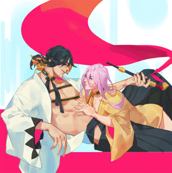 2boys black_hair closed_mouth commentary_request hachisuka_kotetsu hair_between_eyes hakama japanese_clothes long_hair long_sleeves looking_at_another lying male_focus multiple_boys muscular muscular_male nagasone_kotetsu ncww_rinichi on_back parted_lips pink_hair smoke sparse_stubble touken_ranbu wide_sleeves yaoi