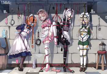 4girls anal anal_object_insertion apron arms_behind_back ball_gag barrel bdsm belt blonde_hair blush bodysuit bondage bondage_outfit boots bound bound_arms bound_legs bound_together box_tie braid breast_bondage breasts chain chair collar covered_navel crying crying_with_eyes_open dildo double_bun dress drooling egg_vibrator flower frilled_apron frilled_dress frilled_thigh_strap frills gag gag_harness gagged grey_eyes grey_hair hair_bun hair_flower hair_ornament high_heel_boots high_heels highres lantern latex latex_bodysuit liclac loli long_hair looking_at_viewer low_twintails maid maid_headdress multiple_girls object_insertion one_eye_closed orange_hair original panties pantyhose pink_hair ponytail pussy_juice red_eyes restrained separated_legs sex_toy shibari shibari_over_clothes shoes skin_tight skindentation slave small_breasts standing standing_on_one_leg tears thigh_strap thighhighs trembling twintails underboob underwear vaginal vaginal_object_insertion very_long_hair vibrator white_panties white_thighhighs yellow_eyes zettai_ryouiki