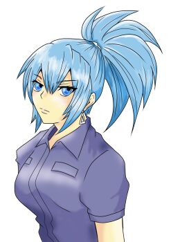 1girl blue_eyes blue_hair breasts earrings huge_breasts jewelry large_breasts leona_heidern long_hair looking_at_viewer non_road pale_skin ponytail shirt the_king_of_fighters