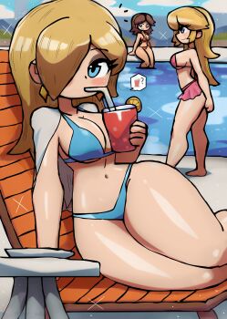 Rule 34 | 3girls, ?, absurdres, arm support, barefoot, bikini, bikini skirt, blonde hair, blue bikini, blue eyes, blush, breasts, brown hair, chair, cleavage, cloud, collarbone, cup, drink, drinking, drinking glass, earrings, food, fruit, grin, hair over one eye, highres, holding, holding drink, jewelry, large breasts, lemon, lemon slice, long hair, looking at viewer, mario (series), multiple girls, navel, nintendo, open clothes, open shirt, orange bikini, pink bikini, pool, princess daisy, princess peach, rosalina, shirt, sideboob, sitting, sky, smile, sparkle, speech bubble, spoken drink, spoken food, spoken question mark, standing, super mario bros. 1, super mario galaxy, super mario land, swimsuit, teeth, thick thighs, thighs, tony welt, tropical drink, underboob, water, white shirt, wide hips