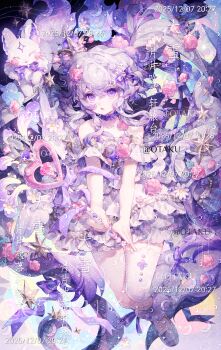 1girl absurdres bloomers bow braid choker crossed_bangs crown dated dress eyelashes feathered_wings flower frilled_choker frills garter_straps gem hair_between_eyes hair_bow hair_flower hair_ornament heart highres holding holding_wand leaf long_hair looking_at_viewer mini_crown off-shoulder_dress off_shoulder open_mouth original pink_flower purple_bloomers purple_choker purple_dress purple_eyes purple_gemstone purple_hair purple_ribbon purple_shoes purple_theme ribbon shoes short_sleeves sidelocks thighhighs too_many_watermarks twintails underwear wand watermark white_wings wings xingchunxiang