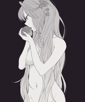 1girl apple black_background breasts commentary_request completely_nude convenient_arm convenient_hair eating eve_(hatsukoi_zombie) food fruit greyscale hatsukoi_zombie highres holding holding_food holding_fruit ivy long_hair minenami_ryou monochrome navel nipples nude official_art open_mouth profile simple_background solo standing two-handed very_long_hair