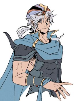 1boy armor bandana blue_cloak cloak commentary cropped_torso earrings english_commentary final_fantasy final_fantasy_ii firion garbage_paper gem jewelry looking_at_viewer male_focus medium_hair multiple_rings ponytail red_gemstone ring simple_background smile solo white_background white_hair yellow_eyes