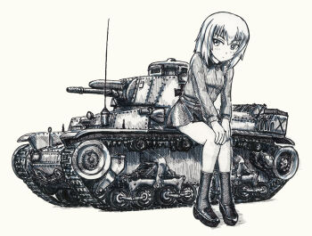 1girl closed_eyes collared_shirt girls_und_panzer girls_und_panzer_phase_erika graphite_(medium) hands_on_own_knees itsumi_erika kuromorimine_school_uniform medium_hair military_vehicle miniskirt motor_vehicle nspa_(spa-jcs) panzer_35(t) pleated_skirt school_uniform shirt sitting skirt tank traditional_media