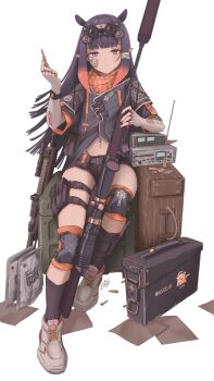 1girl ammunition_box bandaid bandaid_on_face battle_rifle bike_shorts blue_eyes bullet crate fingerless_gloves flashlight gloves gun headgear highres holding holding_weapon hololive hololive_english jacket knee_pads long_hair looking_at_viewer multicolored_hair navel ninomae_ina'nis orange_hair pointy_ears purple_hair radio rifle scope shoes sitting sneakers sniper sniper_rifle solo tentacle_hair virtual_youtuber weapon zhvo