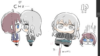 Rule 34 | 2girls, :<, anger vein, blue eyes, blush, character doll, chibigurumi, commentary, doll, girls band cry, grey eyes, hamchan69, iseri nina, kawaragi momoka, multiple girls, open mouth, simple background, white background, yuri