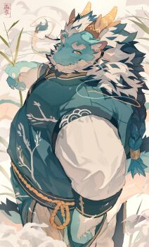 1boy absurdres animal_ear_fluff aqua_hair aqua_skin bara beard chinese_clothes cloud colored_skin commentary dragon_boy dragon_horns facial_hair fat fat_man from_above full_beard furry furry_male highres horns long_mustache looking_at_viewer male_focus mature_male multicolored_hair mustache plant prehensile_facial_hair qinglong_(housamo) smile solo symbol-only_commentary thick_beard tokyo_houkago_summoners two-tone_beard two-tone_hair unfinished yed_(yedsilent)