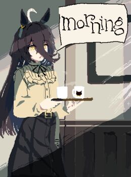 1girl animal_ears belt black_belt black_hair black_ribbon black_skirt blonde_hair commentary_request cup ear_ornament ear_tag earrings english_text frilled_shirt frills hair_between_eyes holding holding_plate horse_ears horse_girl jewelry long_hair long_hair_between_eyes long_sleeves manhattan_cafe_(umamusume) mirror mug multicolored_hair neck_ribbon plate prix_deleau ribbon shirt shirt_tucked_in single_earring skirt solo speech_bubble steam steaming_cup tray umamusume variant_set very_long_hair white_hair yellow_eyes yellow_shirt