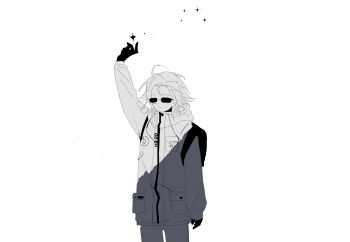 1boy aotsuki_eito arm_up backpack bag closed_mouth commentary_request cowboy_shot gloves goupaifentiao greyscale high_collar highres hood hood_down hooded_jacket jacket long_sleeves male_focus monochrome pants short_hair simple_background smile solo sparkle sunglasses the_hundred_line_-last_defense_academy- white_background zipper_pull_tab